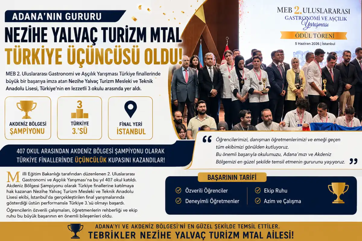 Adana’nın gururu Nezihe Yalvaç Turizm MTAL Türkiye üçüncüsü oldu