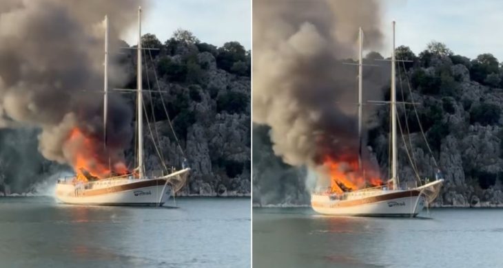 Antalya Kekova açıklarında yat alev alev yandı